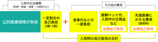 入院中の治療費(診察・検査・投薬・入院料など)のうち一定割合の自己負担(3割~1割)だけでなく、食事代などの一部負担・差額ベッド代、 入院中の日用品など（全額自己負担）・先進医療にかかる費用（全額自己負担）は公的医療保険が負担しない