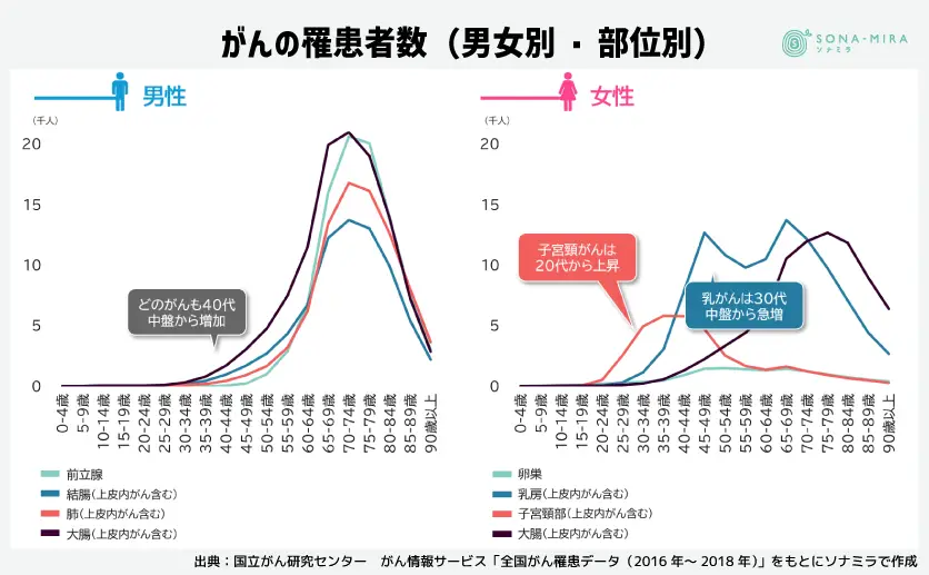 がんの罹患者数（男女別部位別）